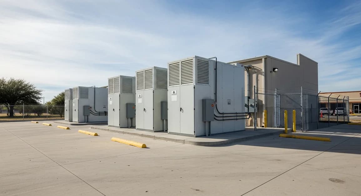 Industrial-scale commercial battery cabinets installed at the rear of a Texas business strip-mall plaza, branded service van and electrical conduit visible.