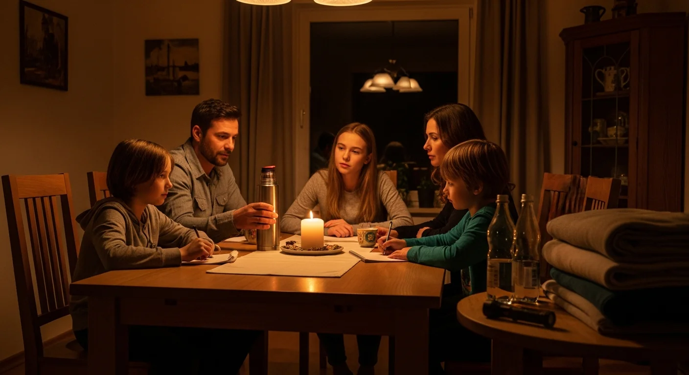 Power outage survival kit on a kitchen counter with flashlight, water, batteries, and a portable battery backup unit