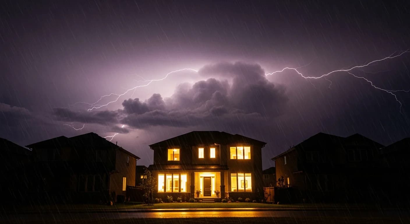 Wall-mounted surge protector and battery backup unit protecting home electronics from a lightning-induced power surge