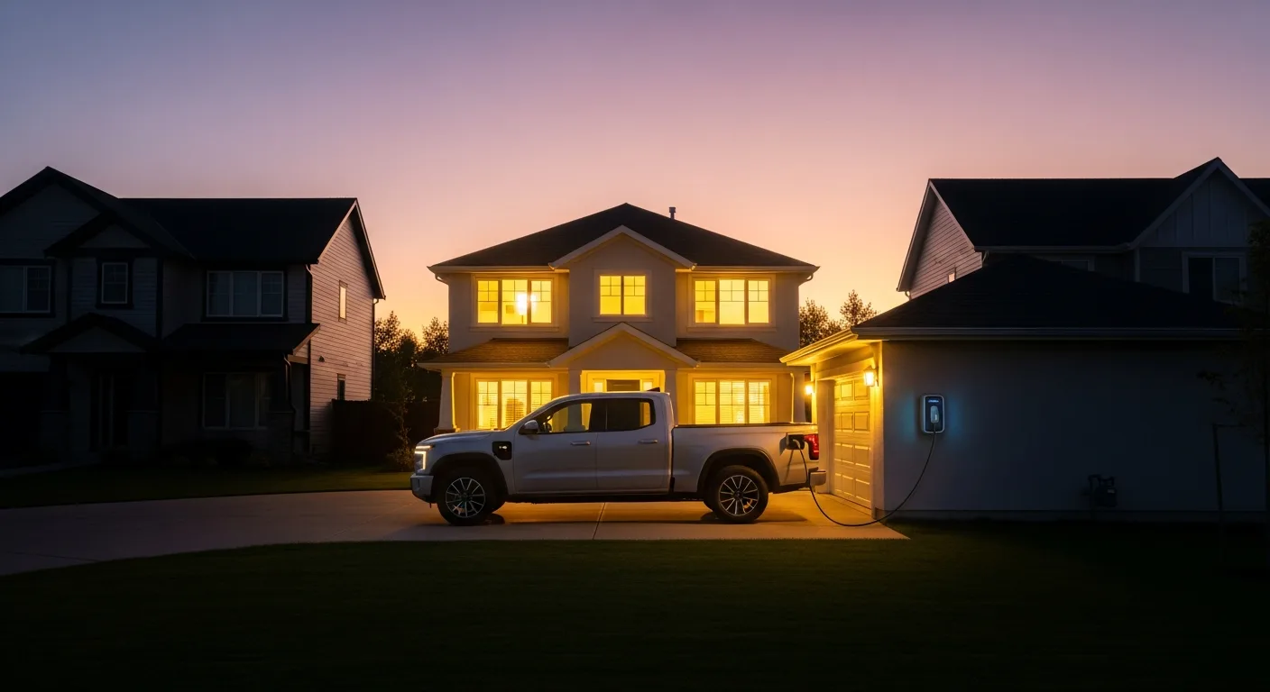 Lineup of V2H-compatible electric vehicles including a Ford F-150 Lightning and a Nissan Leaf parked outside homes