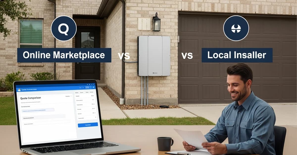 A Houston homeowner comparing battery quotes on a laptop beside a technician inspecting a residential electrical panel, showing the marketplace versus direct installer choice.