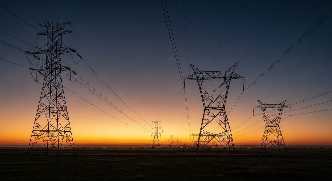 High-voltage electrical transmission towers silhouetted against a dramatic golden-hour Texas sky