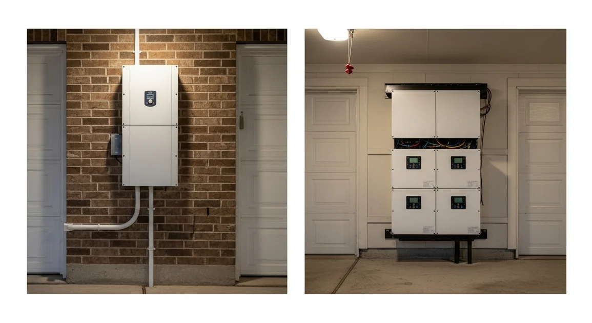 Side-by-side photo of a FranklinWH aPower wall-mounted battery and a Sigenergy SigenStor modular battery stack installed in two different Houston garages.