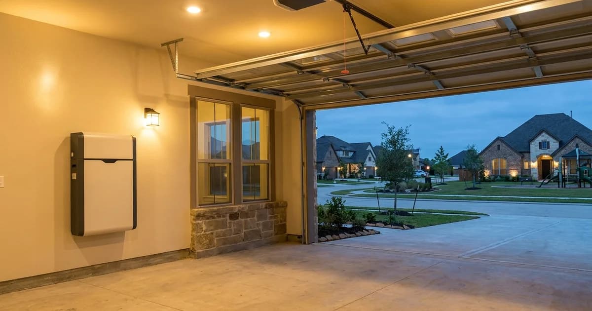 A newly built Fulshear TX home in a master-planned community with a wall-mounted home battery backup unit on the garage interior wall.