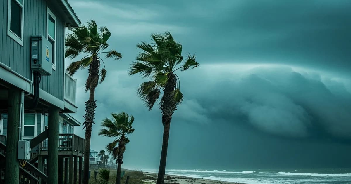 Elevated Galveston beach house with palm trees bending in hurricane winds as a storm wall approaches over the Gulf