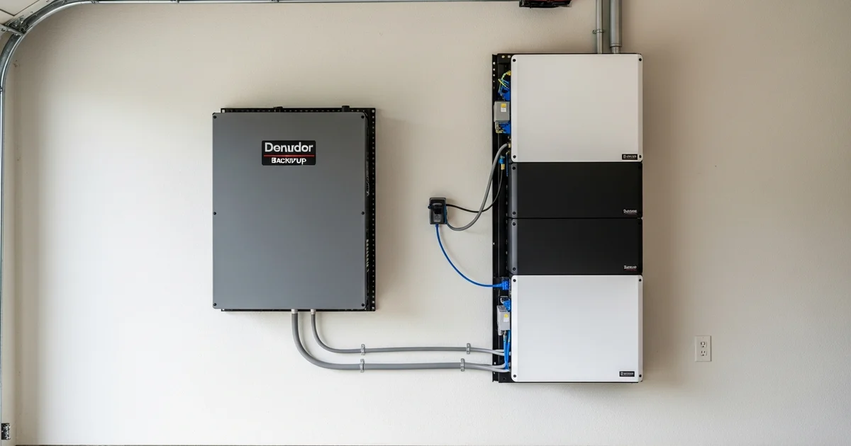 Two home battery systems installed side by side in a Houston garage, one wall-mounted modular unit and one taller stacked unit, in neutral daylight.