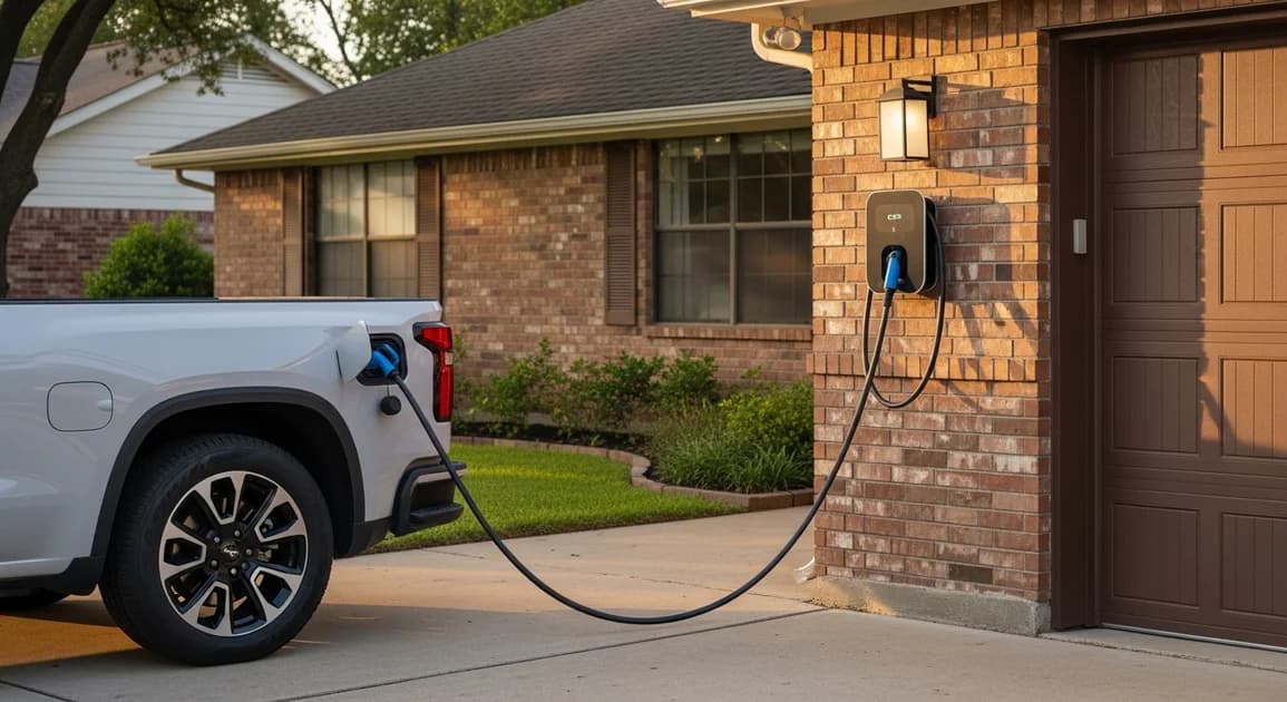 Chevrolet Silverado EV-style electric pickup parked at a Houston home with the GM Energy PowerShift Charger and Vehicle-to-Home Enablement Kit visible on the garage wall.