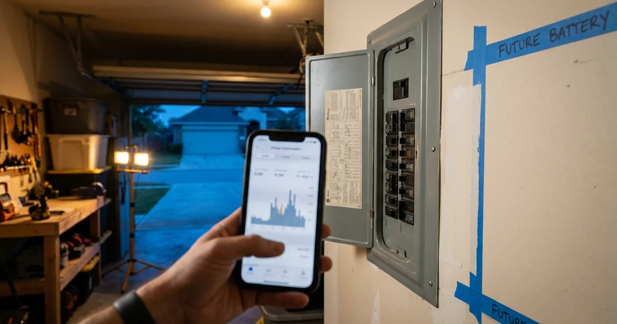 A Houston homeowner's hand holding a smartphone toward an open residential electrical panel in a warm-lit garage, with a bare wall space for a future wall-mounted battery visible in the background and cool blue-hour light from the open garage door.