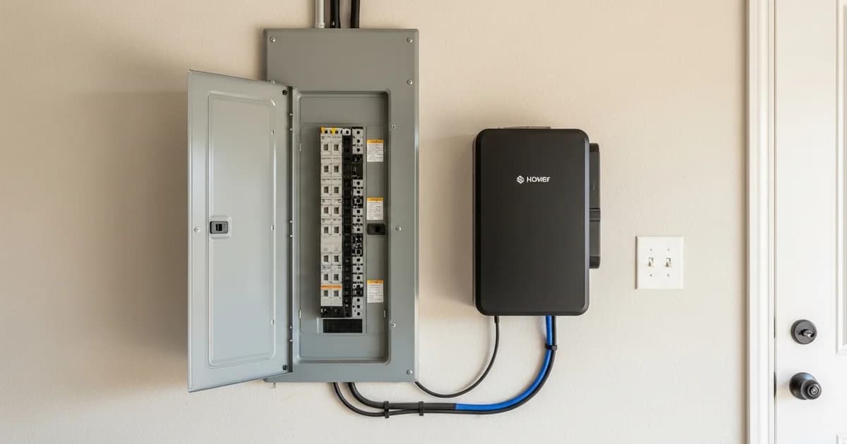 A technician points at the main breaker label on a modern 200 amp meter-main service panel on the exterior of a Houston home in daylight.