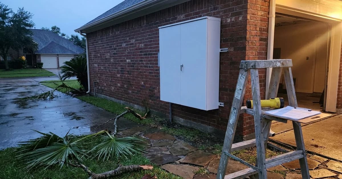 A white wall mounted home battery cabinet on the exterior brick wall of a Houston garage the morning after a storm, door closed and dry, a flashlight and a clipboard resting on a step ladder in front of it, wet concrete driveway, torn palm fronds and a fallen branch in the yard, soft blue dawn light with a warm amber glow from the garage opening