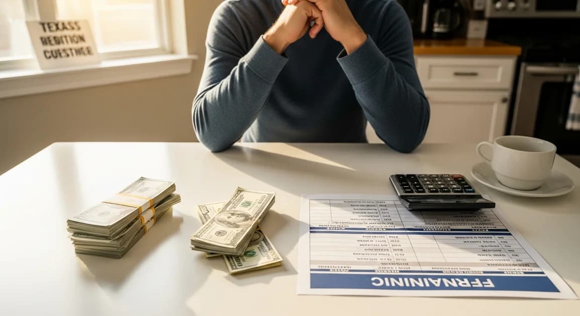 A Texas homeowner at a kitchen table comparing a cash payment and a financing schedule for a home battery backup system.