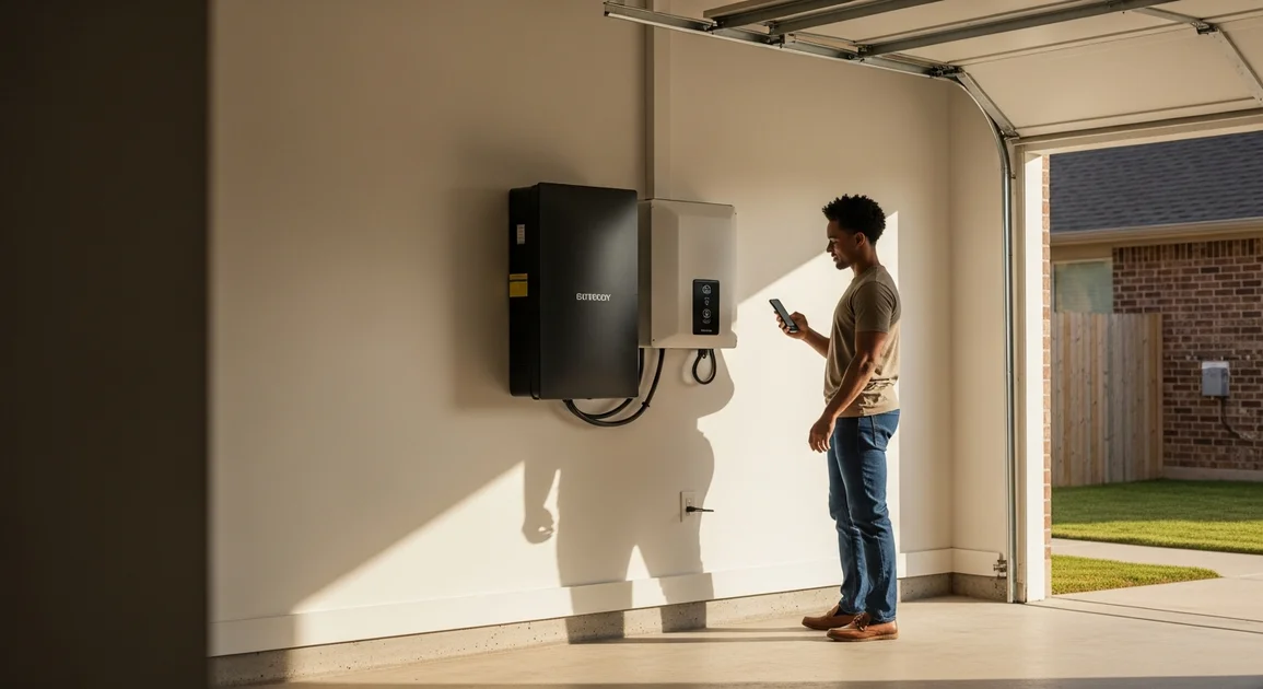 A wall-mounted home battery backup system in a Houston garage while a homeowner checks the monthly payment on a phone app.