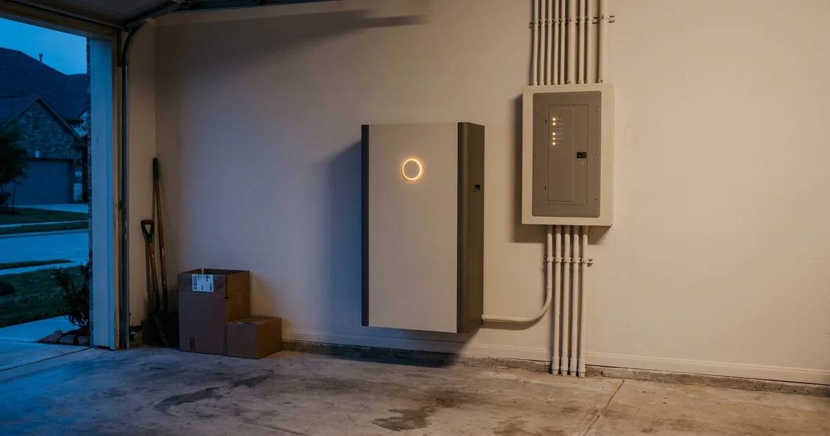 A wall-mounted home battery cabinet and smart electrical panel installed in a clean suburban Houston garage at dusk, a warm amber status light glowing on the cabinet face, cool blue evening light spilling through the open garage door, bare concrete floor, neatly run conduit along the wall, no text, no logos, no people