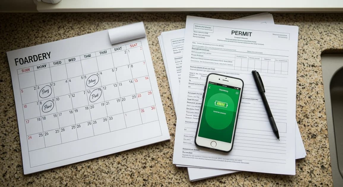 Calendar planning page on a Houston kitchen counter with permit paperwork, installer business card, and a smartphone showing a battery system app.