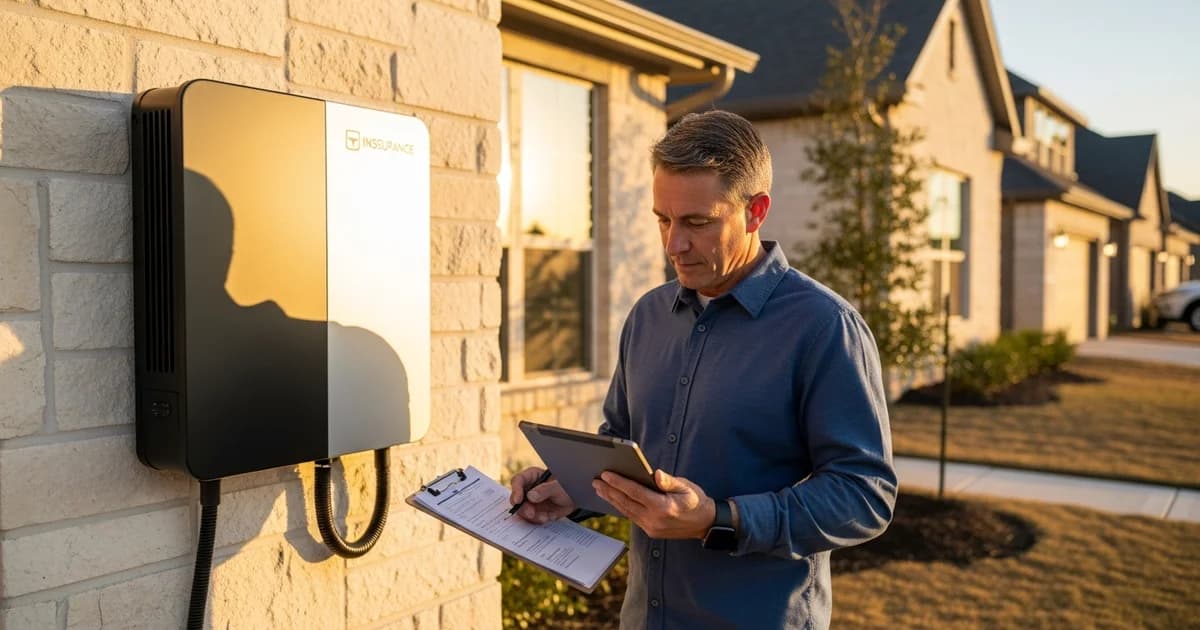 Houston homeowner comparing a home battery spec sheet with a homeowners insurance renewal letter at a kitchen table.