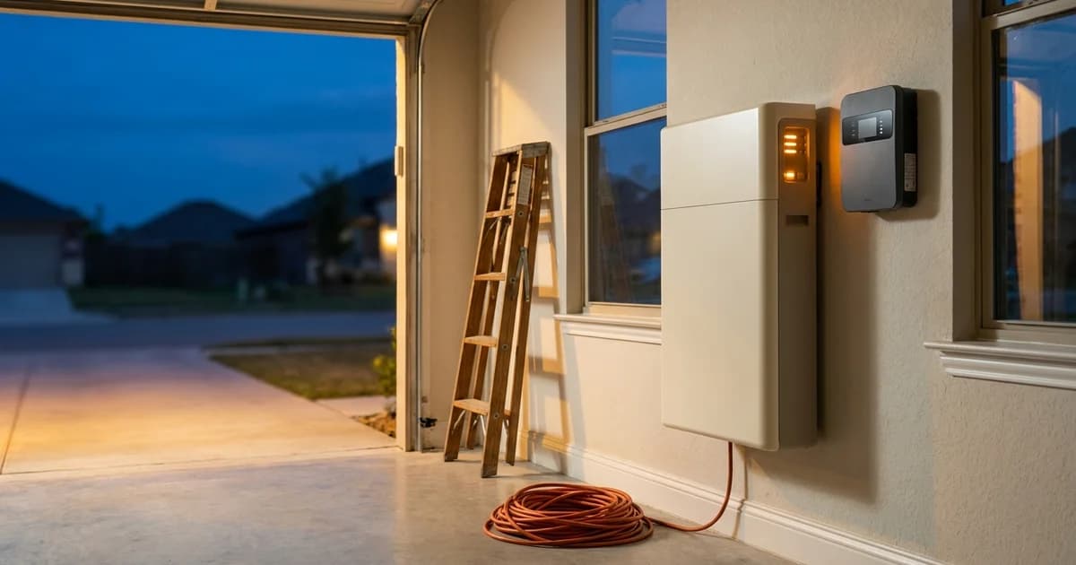 A wall-mounted home battery and smart controller in a Texas garage at blue hour, warm amber light spilling from an open garage door onto a clean concrete floor, with a ladder and a coiled extension cord nearby and no people in frame.