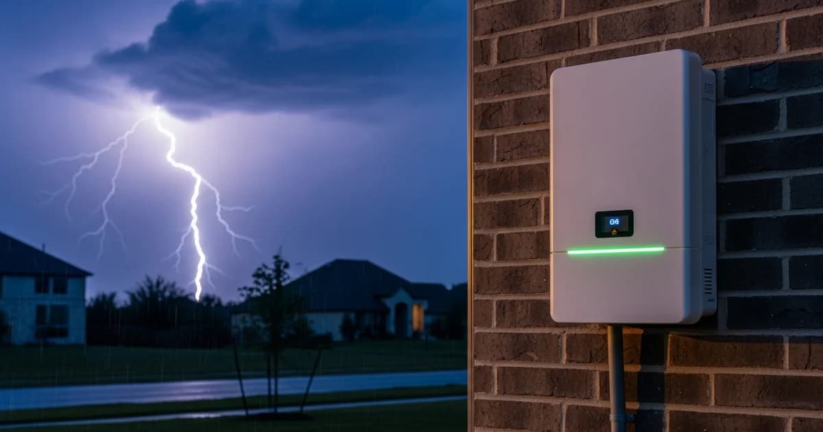 Lightning over a Houston suburban home with a wall-mounted battery backup unit protected from the storm surge