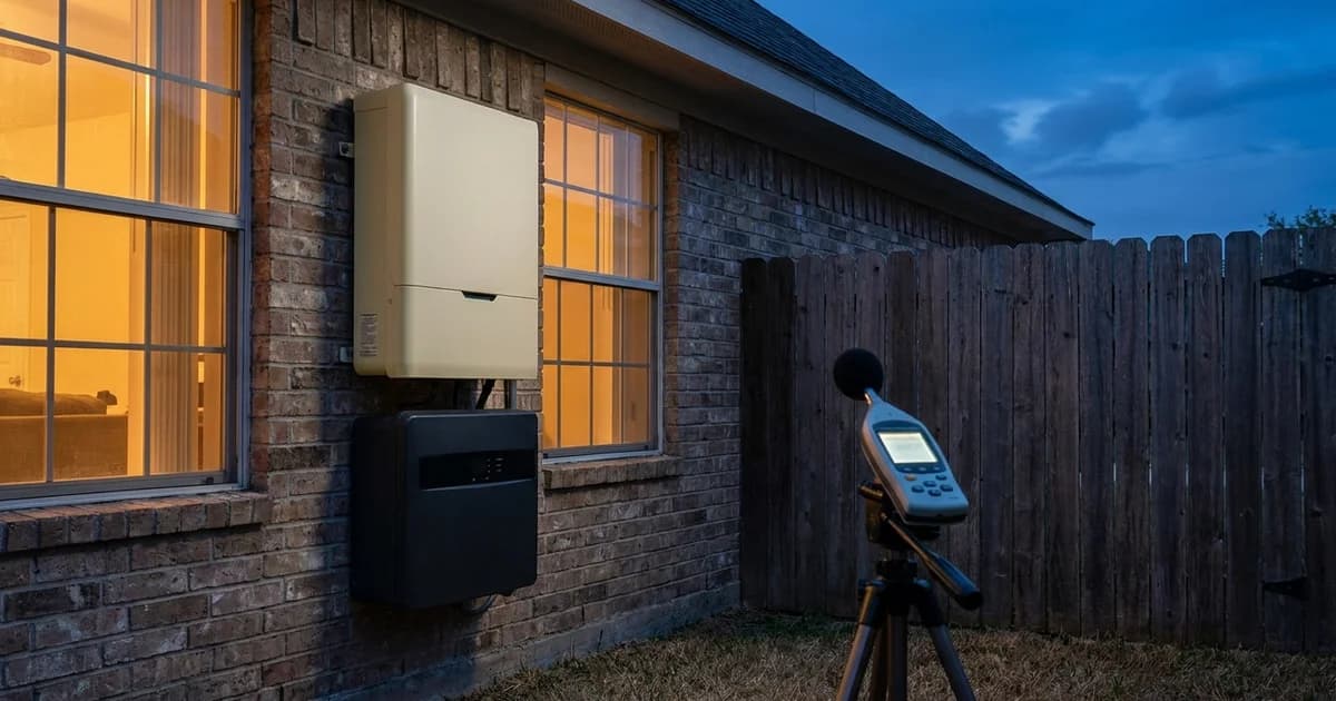 A wall-mounted home battery module and its controller on the shaded side wall of a brick Houston house at blue hour, with a calibrated sound level meter standing on a tripod in the grass a few steps away near the wooden fence line, warm amber light spilling from a nearby window onto the equipment, cool blue evening sky above the roofline, no text and no people