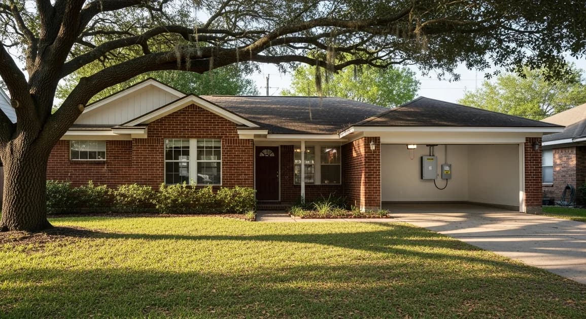 A modest 1,500 sqft Houston bungalow with a single wall-mounted home battery backup unit visible in a clean garage interior, soft daylight.