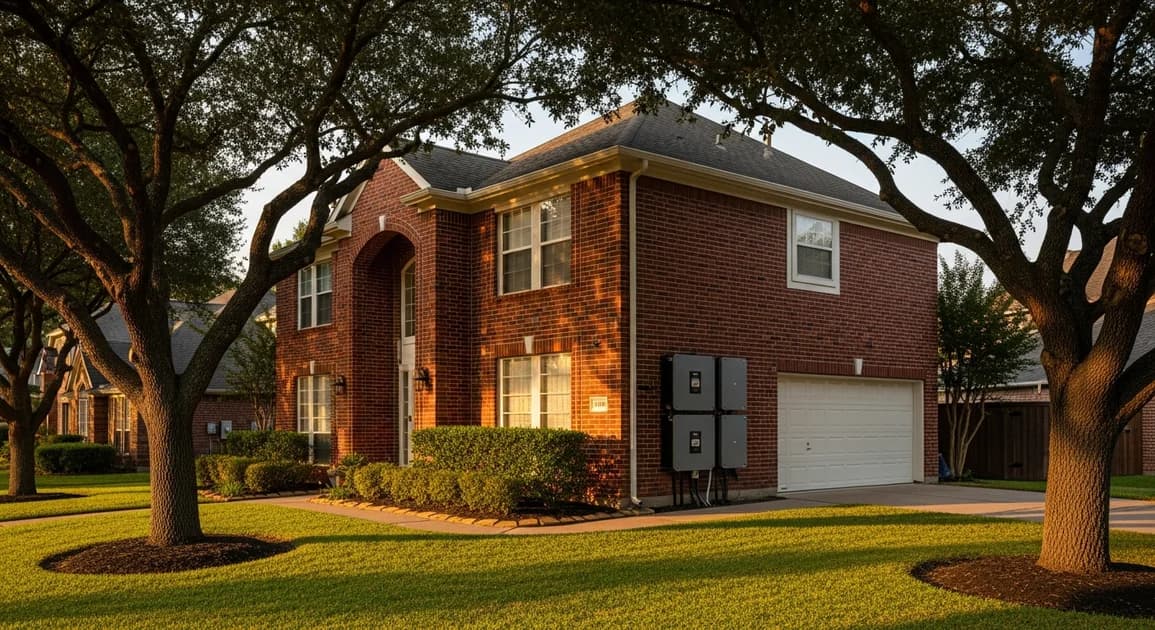 A 2,500 sqft Houston suburban two-story brick home with a paired home battery backup stack visible on the side garage exterior in late afternoon light.