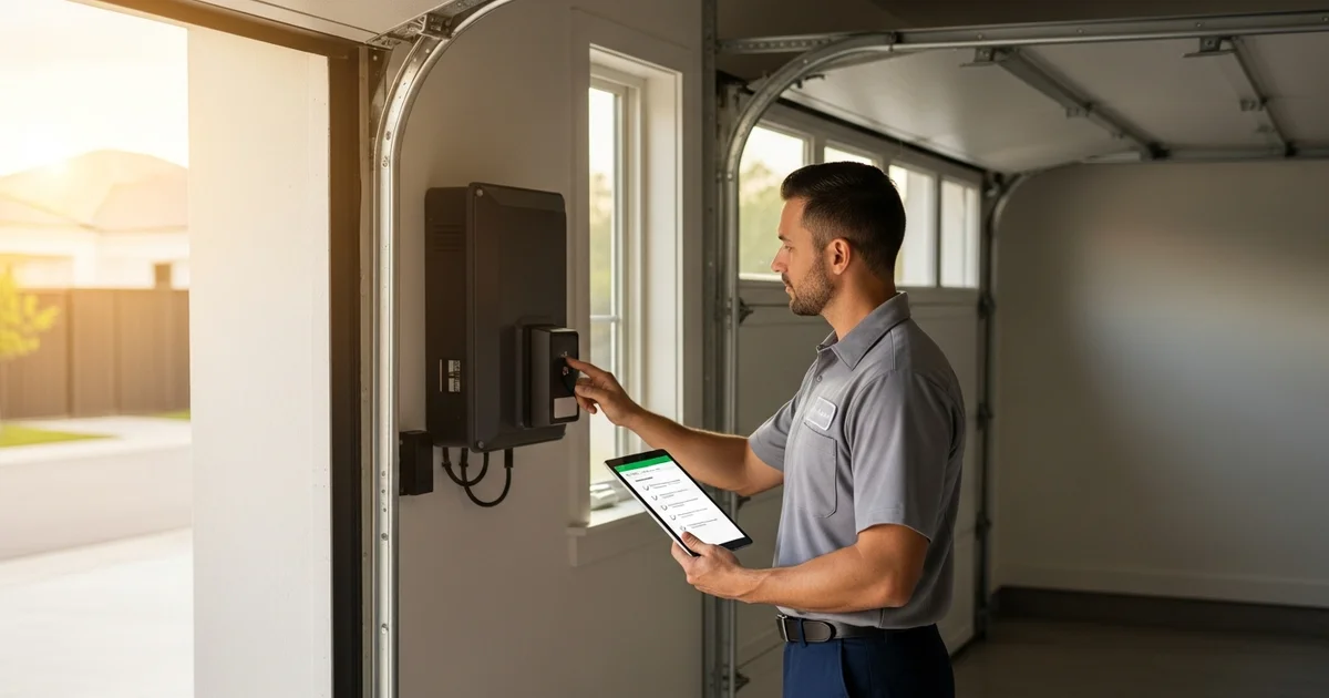 Service technician with a tablet inspecting a wall-mounted home battery backup unit in a Houston garage during a warranty diagnosis