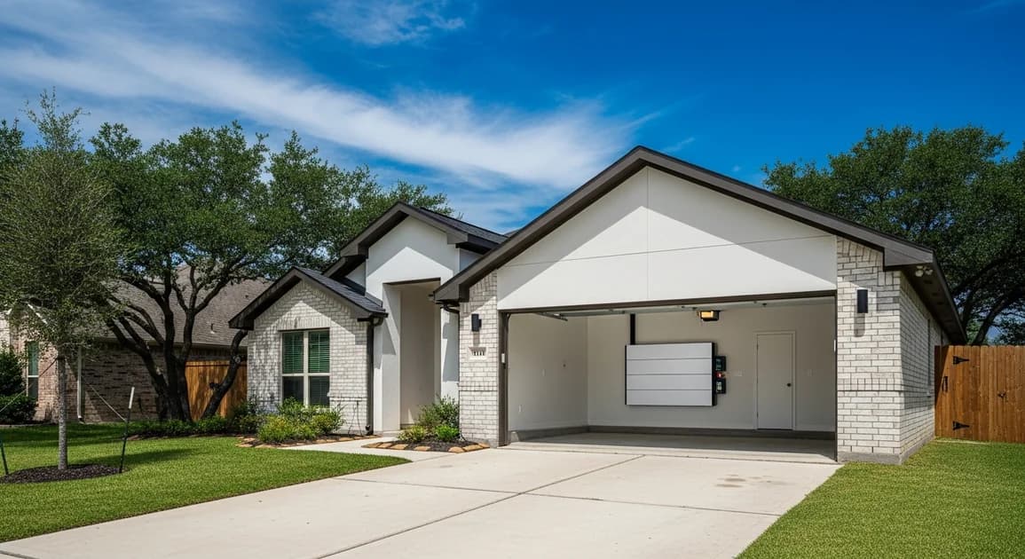 Modern Houston Texas suburban home with open garage showing a wall-mounted home battery backup system installed beside the electrical panel