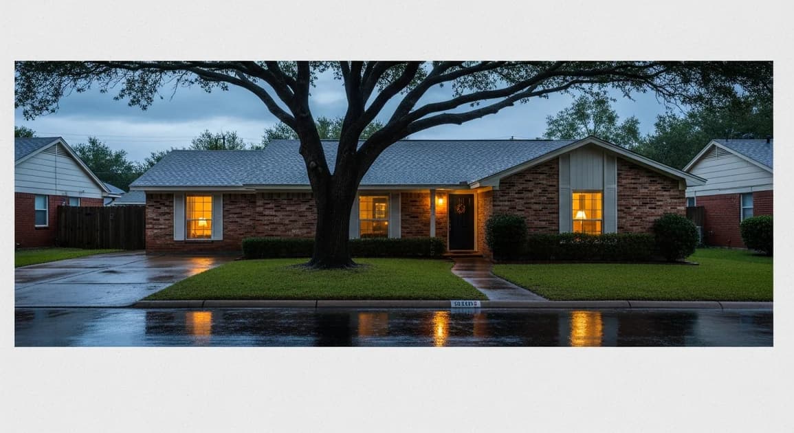 Houston suburban home in the calm after a thunderstorm with interior lights on, suggesting restored power after a brief outage.