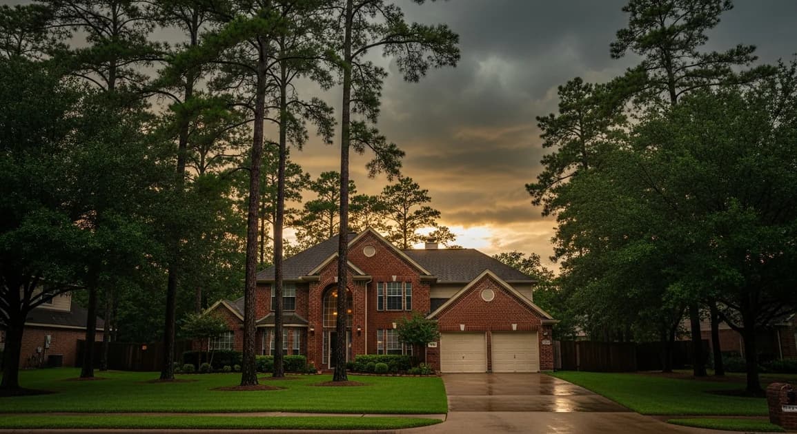 A two-story suburban home in northeast Houston surrounded by tall pine trees under a darkening storm sky, typical of the Atascocita and Humble area near Lake Houston.