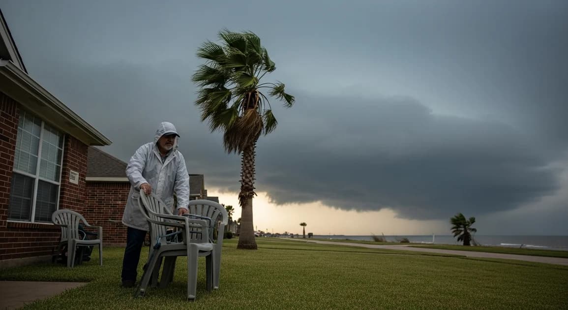 Houston homeowner securing outdoor furniture and checking a home battery backup unit as dark hurricane clouds approach from the Gulf.