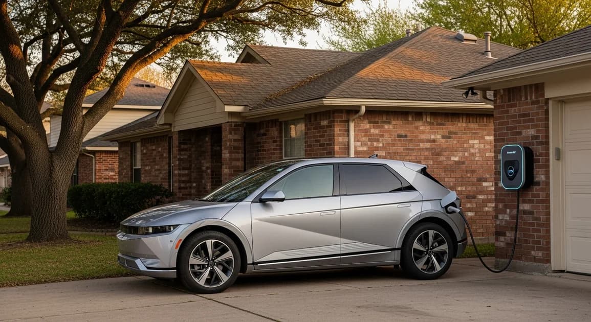 Hyundai Ioniq 5 parked in a Houston suburban driveway with a bidirectional charger cable connected to the home electrical panel through a sub-panel installation.