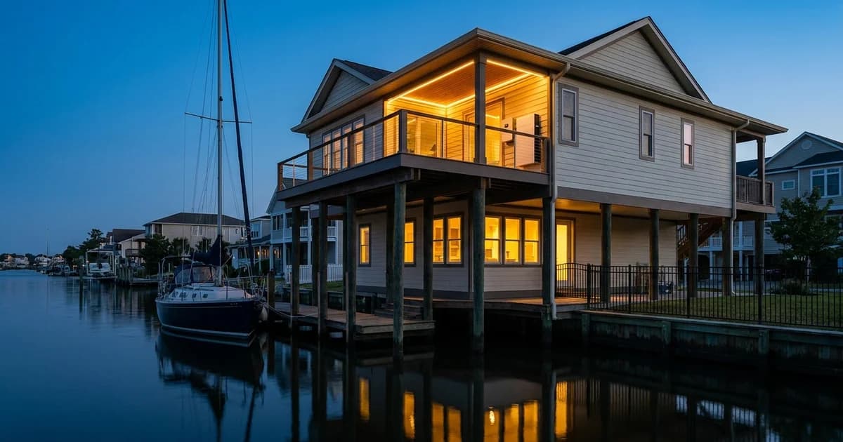 An elevated pier and beam waterfront home on a Kemah canal at blue hour, photographed from the water, with a wall-mounted home battery cabinet and smart panel installed on the upper deck landing well above the open pilings of the ground level, amber light spilling from the windows onto calm dark water and a moored sailboat at the private dock.