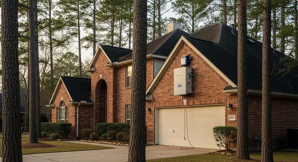 Kingwood Texas suburban home with mature pine canopy, elevated NEMA-rated home battery backup unit mounted high on the garage exterior wall above flood level.