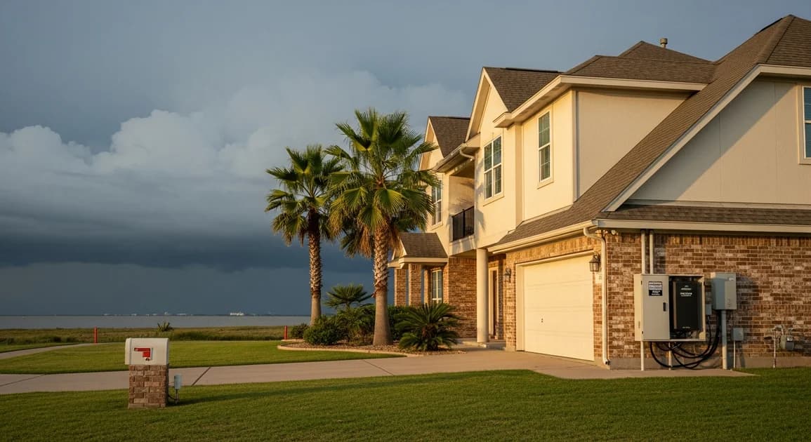 League City Texas coastal suburban home with a wall-mounted home battery backup unit in a protected location on the side garage and a view of palm trees and storm clouds in the distance.