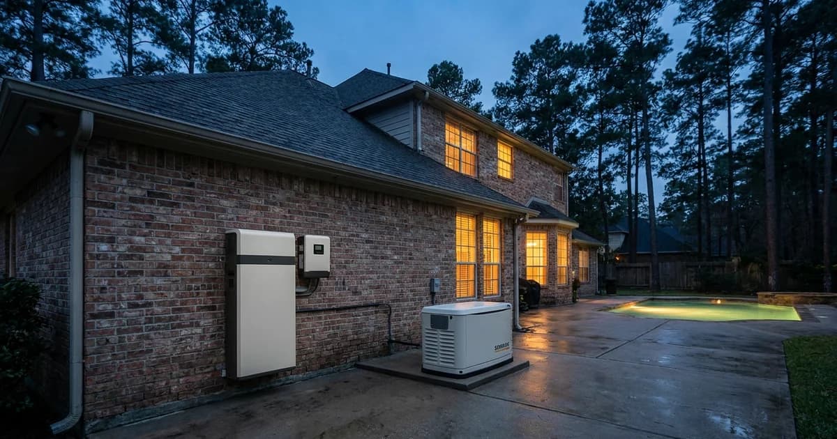A wall-mounted home battery cabinet and smart controller on the side wall of a large two-story brick estate house in Houston, with a concrete pad holding a standby generator beside it, tall loblolly pines overhead, a backyard pool glowing in the background, warm amber window light against cool blue-hour sky