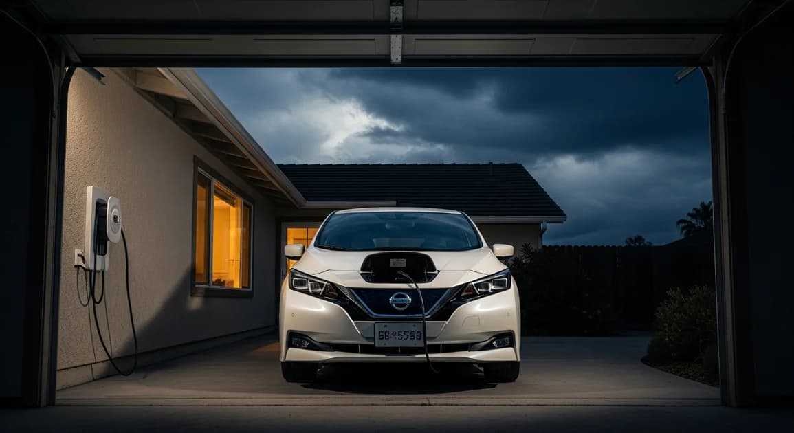 Nissan Leaf plugged into a Houston home garage during a storm, illustrating vehicle-to-home backup power