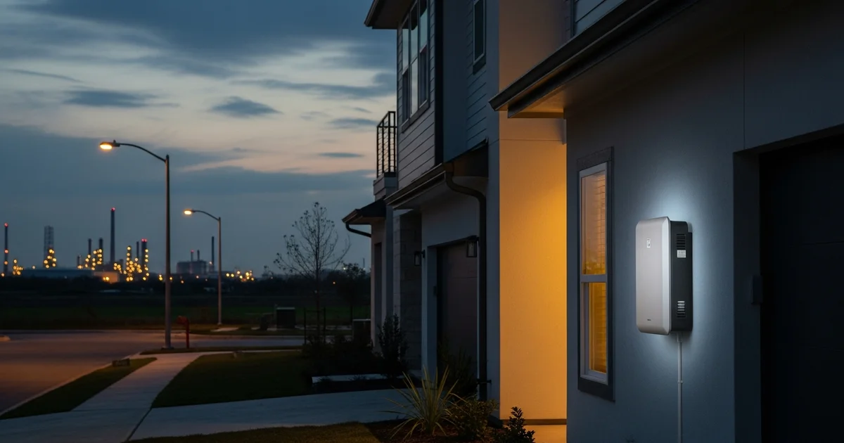 Pasadena Texas suburban home with a wall-mounted battery backup unit, with the Houston Ship Channel industrial skyline in the background.
