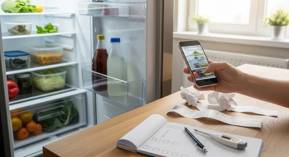 Houston homeowner photographing the contents of an open refrigerator with a smartphone after a power outage, with a paper claims checklist and receipts on the kitchen counter.