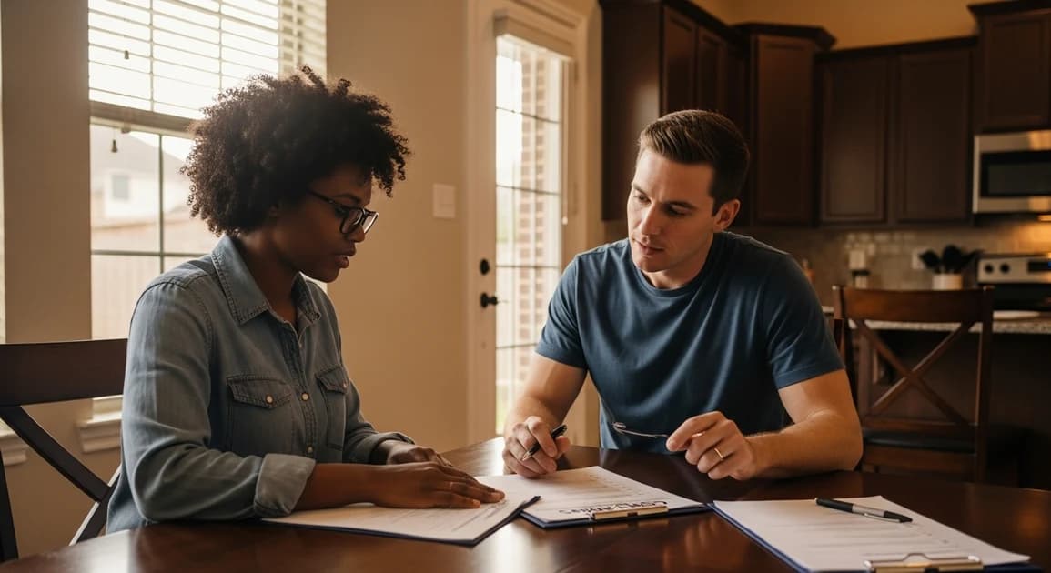 Houston homeowner reviewing an installer vetting checklist with a battery backup contractor at a kitchen table.