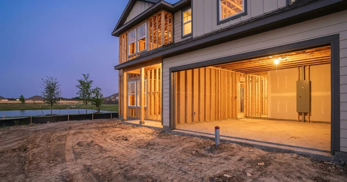 Framed two-story new-build house at dusk in a Houston-area master-planned community, open stud walls in the garage with a capped conduit stub and an empty wall space beside the electrical panel, a freshly graded lot and retention pond in the background, warm work lights glowing against a blue-hour sky.