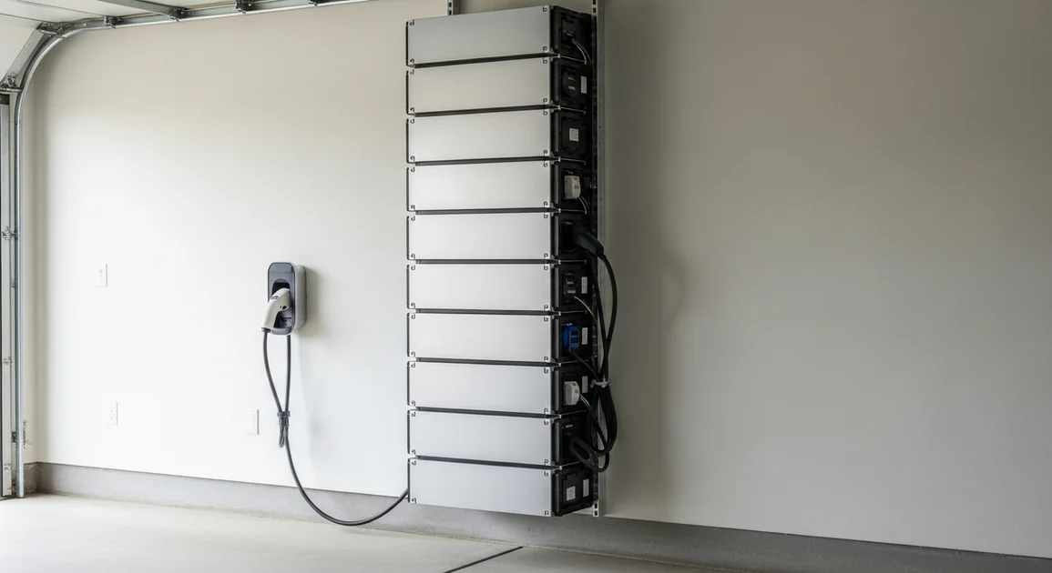 A modular stacked home battery system on a garage wall in a Texas home, representing the Sigenergy SigenStor platform.