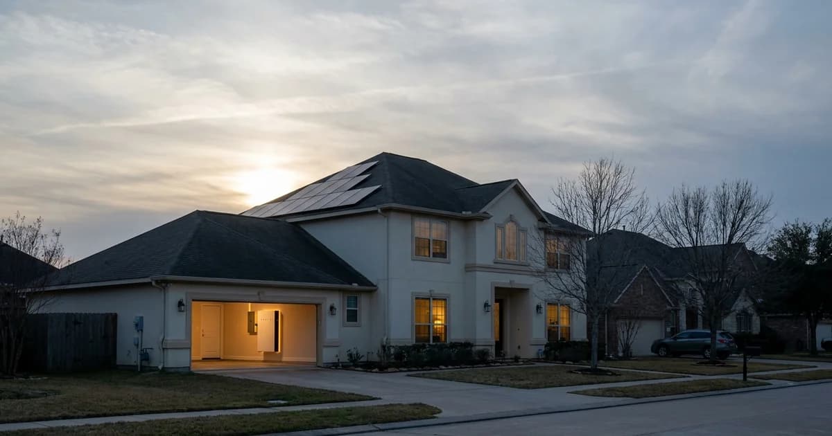 A Houston suburban home on a low-sun December afternoon, rooftop solar panels catching pale light under thin high cloud, with the open garage showing a wall-mounted home battery and warm amber light inside