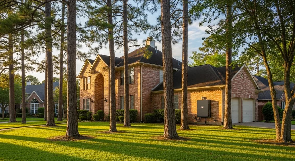Spring TX two-story brick home with mature pine canopy and a wall-mounted home battery backup unit visible on the side garage exterior in late afternoon light.