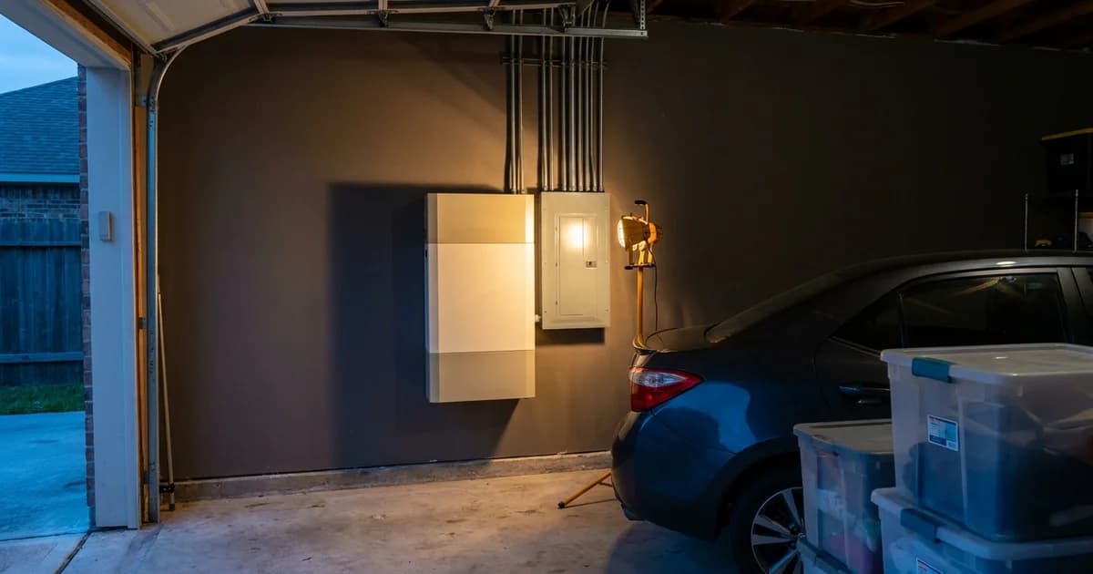 A wall-mounted home battery cabinet and a gray electrical subpanel installed inside an attached suburban garage in Stafford Texas, metal conduit running up painted drywall toward the ceiling joists, a parked sedan and stacked plastic storage bins beside it, warm amber work-lamp light raking across the cabinet face while cool blue evening light spills through the open garage door onto the concrete driveway.