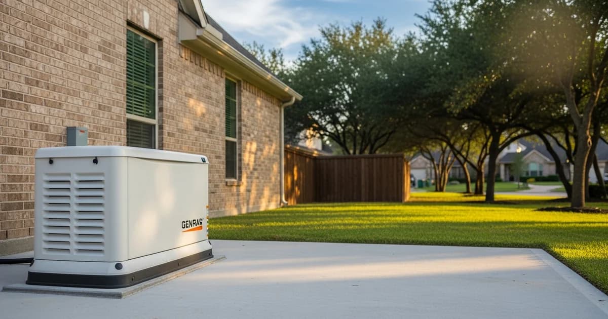 White standby generator installed on a concrete pad beside a brick suburban Houston home