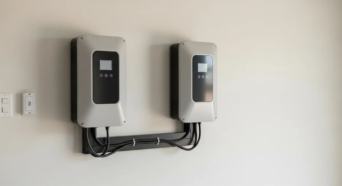 Two wall-mounted home battery backup systems side by side in a Houston garage, representing a product comparison.