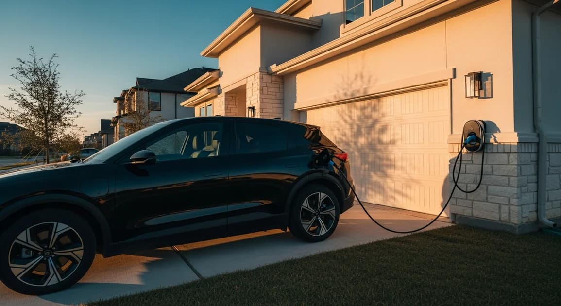 Electric vehicle plugged into a home charging station in a suburban driveway