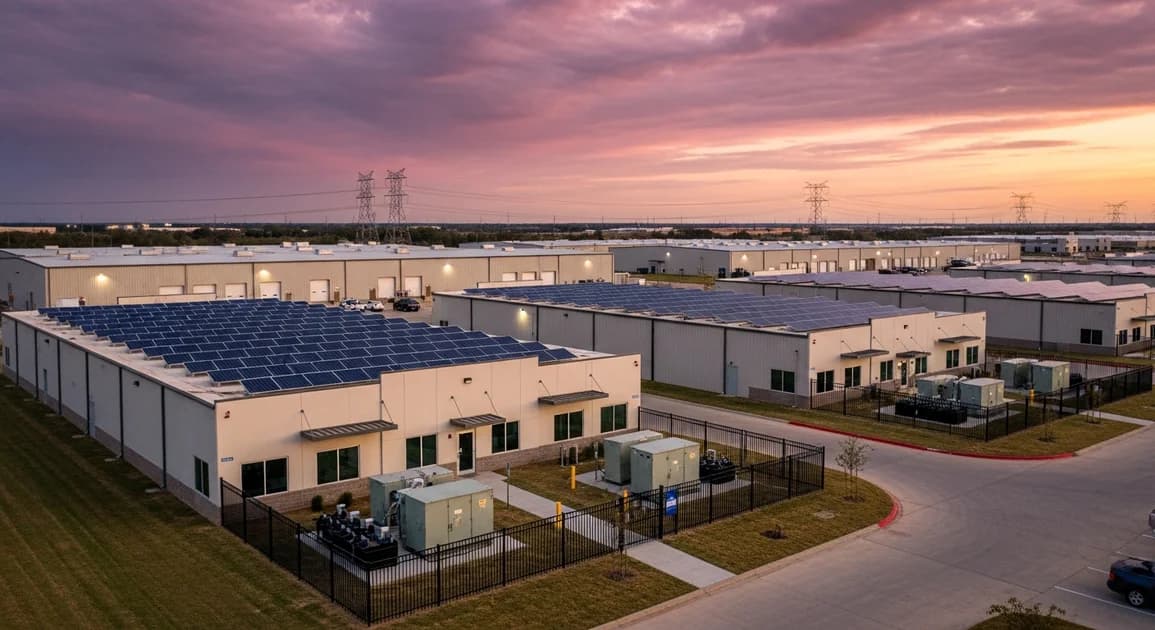 Aerial view of an industrial Texas business park at dusk with rooftop solar arrays and battery cabinet enclosures, distant transmission lines and dramatic sky.