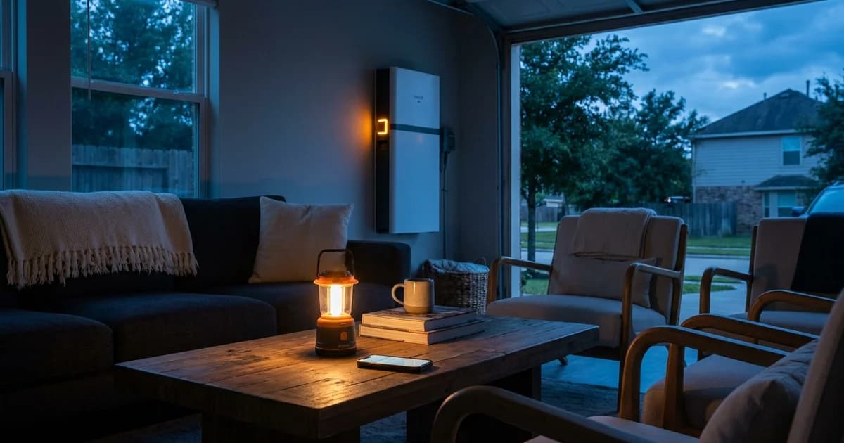 A darkened suburban Houston living room at dusk during a power outage, lit by one small lamp and a phone screen on the coffee table, with an open door showing a wall mounted home battery unit in the garage, its status light glowing amber against cool blue evening light from the windows