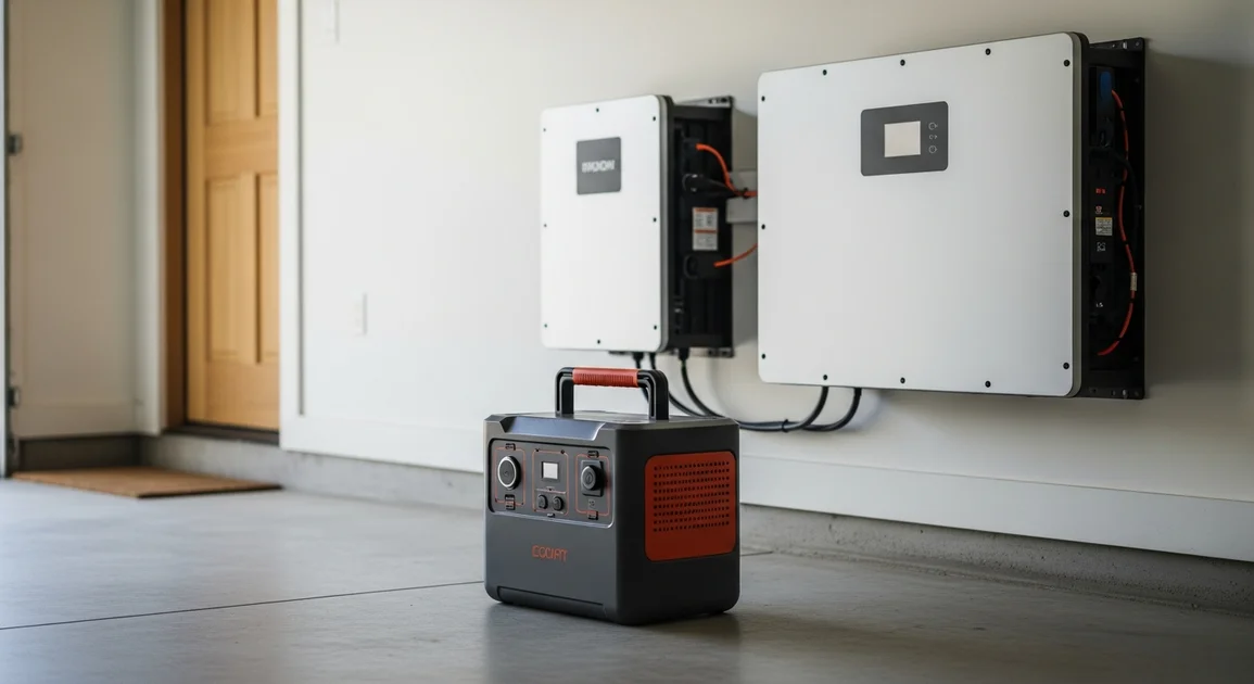 A portable power station on a garage floor next to a wall-mounted whole-home battery system in a Texas home, shown for comparison.