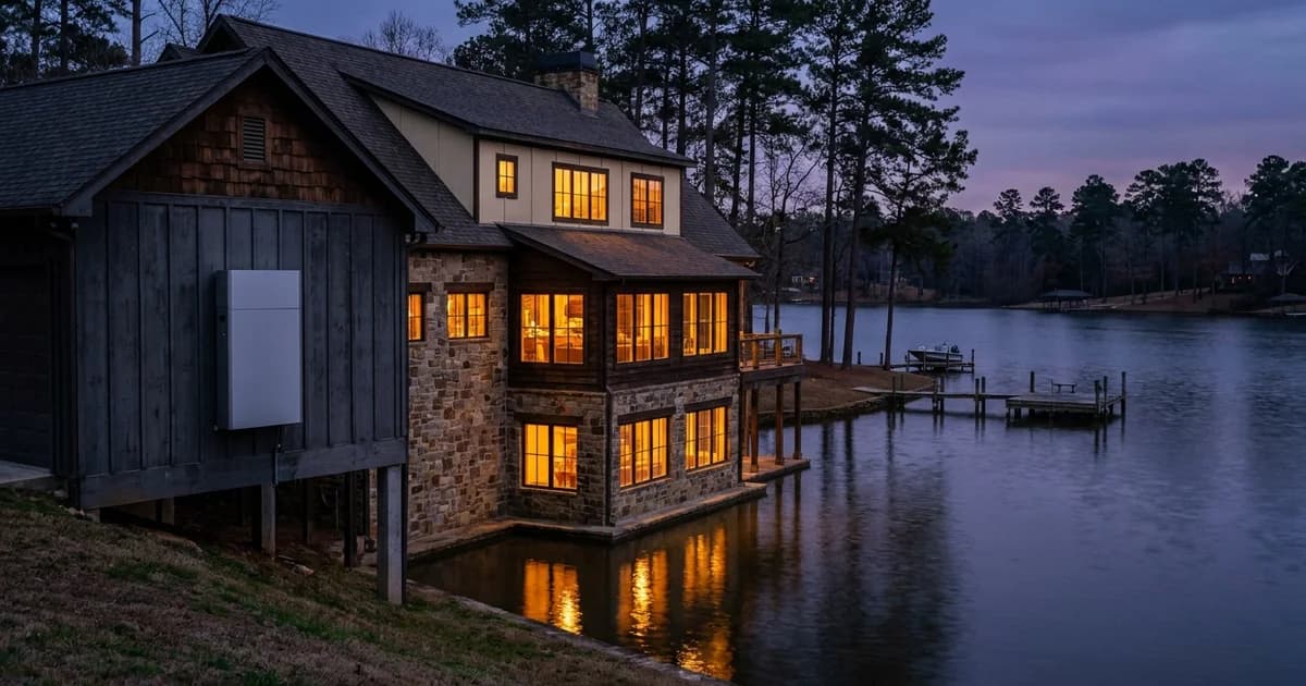 Lakefront Texas home at blue hour beside calm water, warm light in the windows, a wall-mounted home battery on an elevated garage wall, pine trees and a wooden boat dock in the background